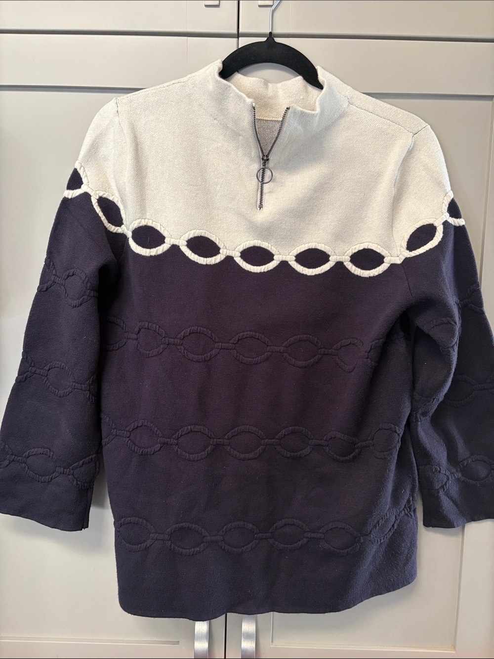 Chico's Navy and Cream Zip-Front Turtleneck Sweater
